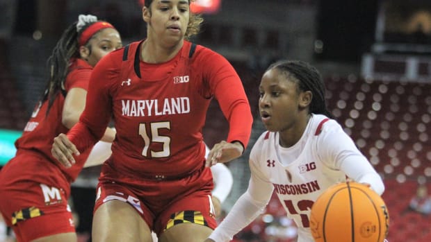 Wisconsin's Ronnie Porter is defended by Maryland's Mila Reynolds at the Kohl Center in Madison, Wis. on Thursday Jan. 19, 2023. Uwwomen Maryland 6 Jan 19 2023  